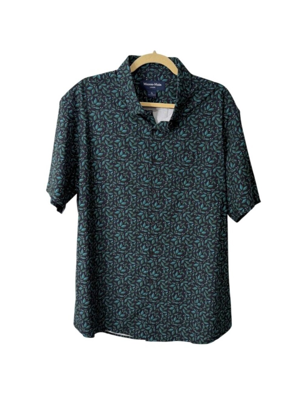 Mizzen+Main Mens XL Shirt Leeward Trim Fit Short Sleeve Button-Up Navy Foliage